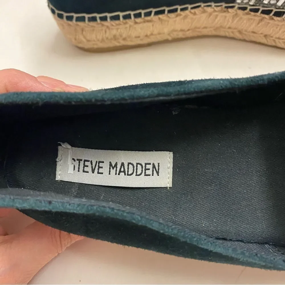 STEVE MADDEN Proud Black Silver Embellished Leather Platform Espadrilles shoe 10
